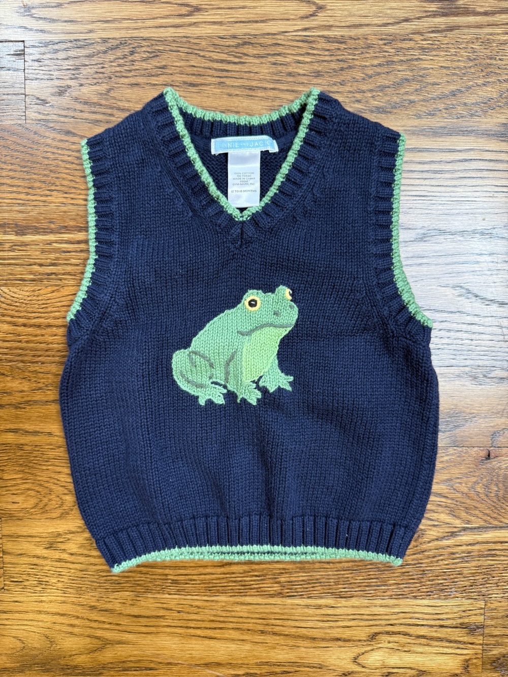 Janie and Jack Toddler Boys Navy Blue & Green V-Neck Frog Sweater Vest 12-18 Mth